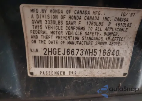 1998 Honda Civic Lx from USA, damaged, VIN 2HGEJ6673WH516840